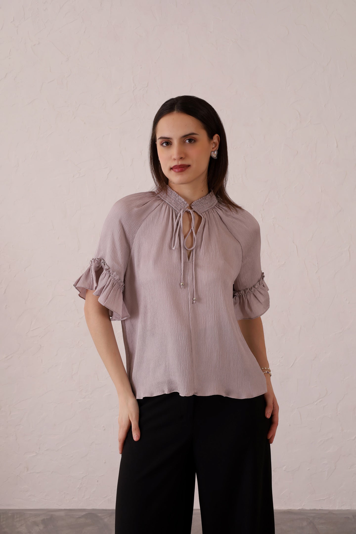Pastel Grey Gathered Tie-Up Neck Rayon Crinkle Top